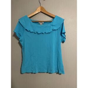 Notations Top Womens 1X Blue Ruffle Collar Short Sleeve Mesh Lettuce Hem Y2K